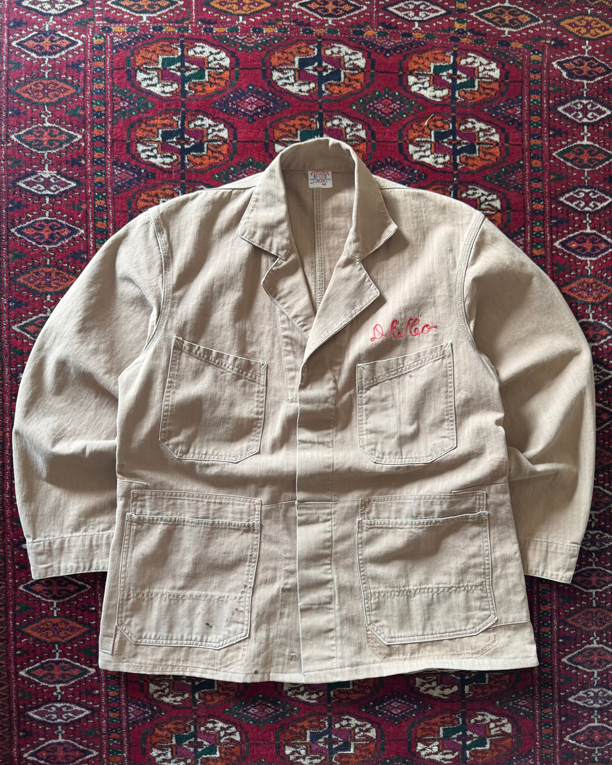 1950s Fincks Beige HBT chore coat with chainstitch
