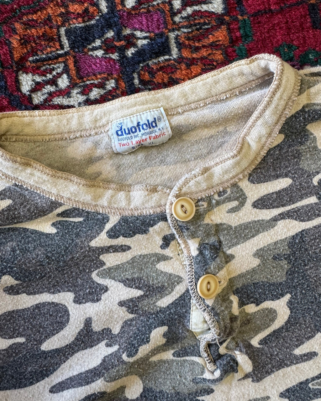 Vintage 1960s/70s duofold camouflage insulated two button undershirt ￼