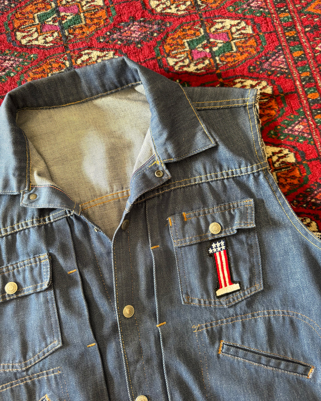 Vintage 1970s riveted ranch craft JCPenney denim vest with Harley patches￼