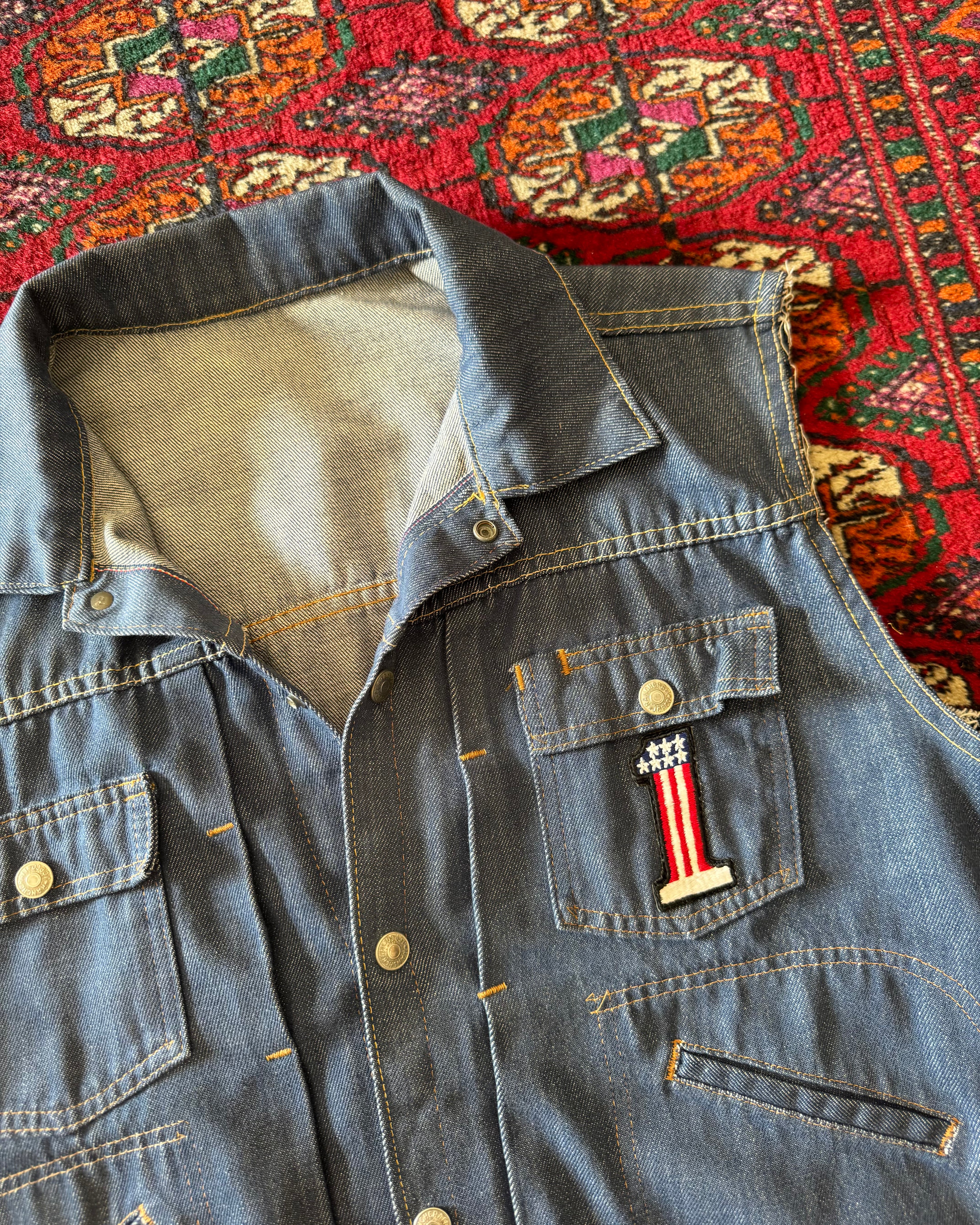 Vintage 1970s riveted ranch craft JCPenney denim vest with Harley patches￼