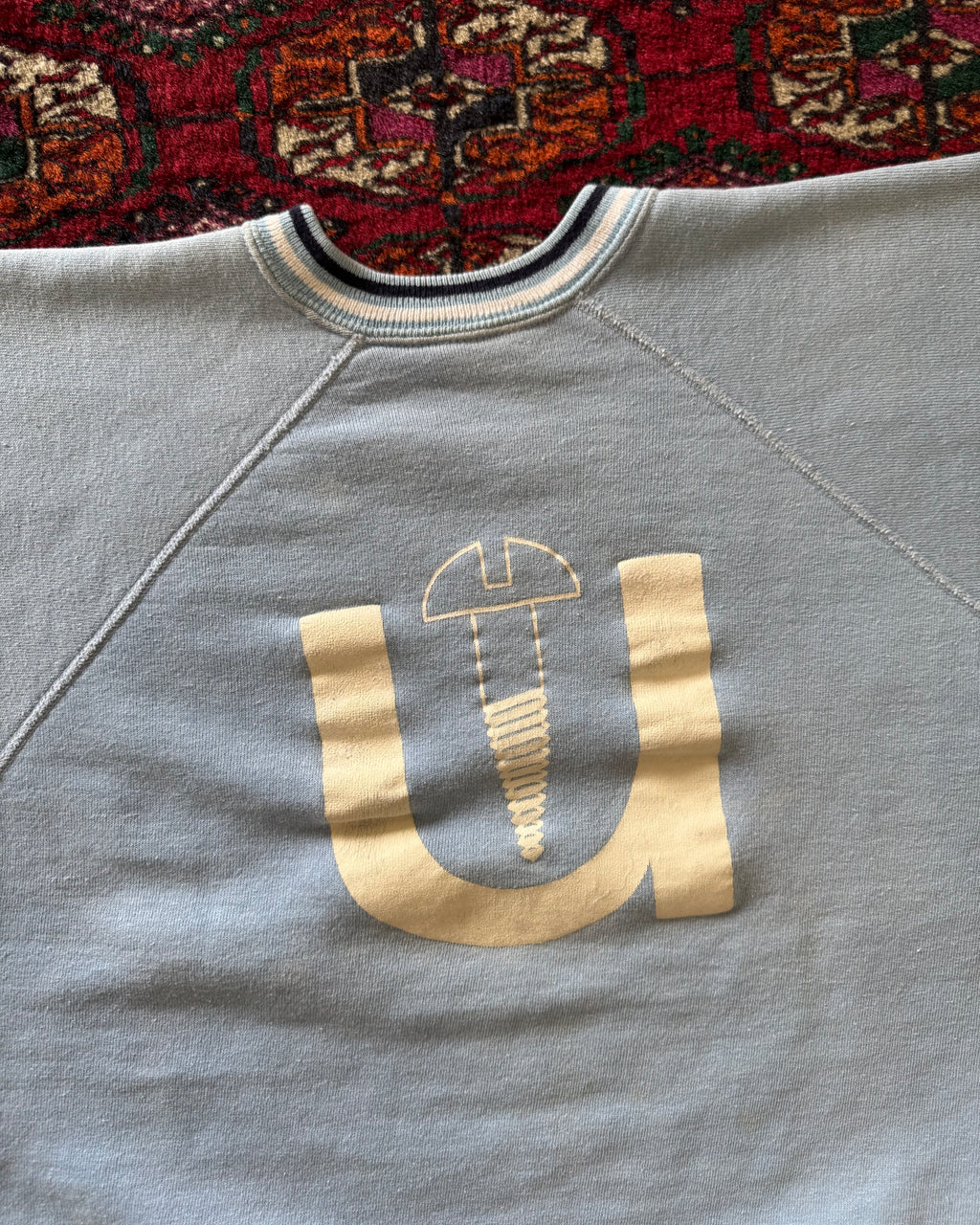 1960s baby blue “Screw U” short-sleeve flock print sweatshirt