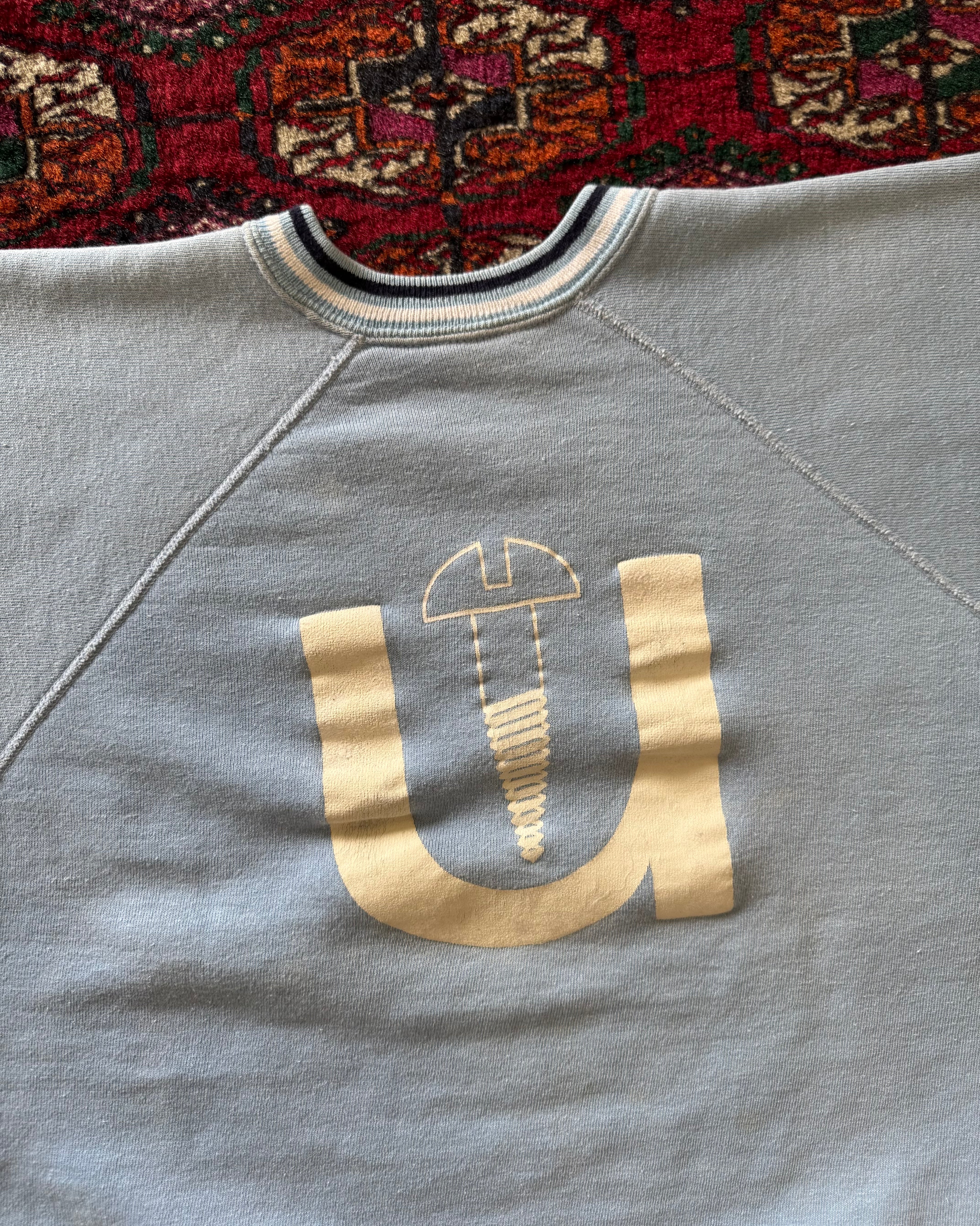 1960s baby blue “Screw U” short-sleeve flock print sweatshirt