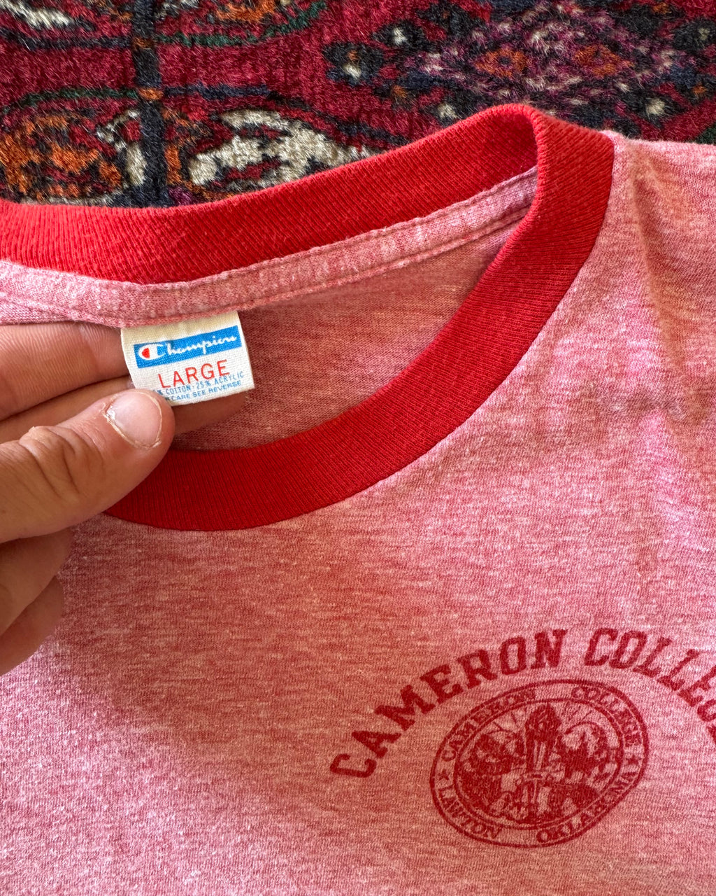 Vintage champion blue bar, Cameron College ringer T-shirt