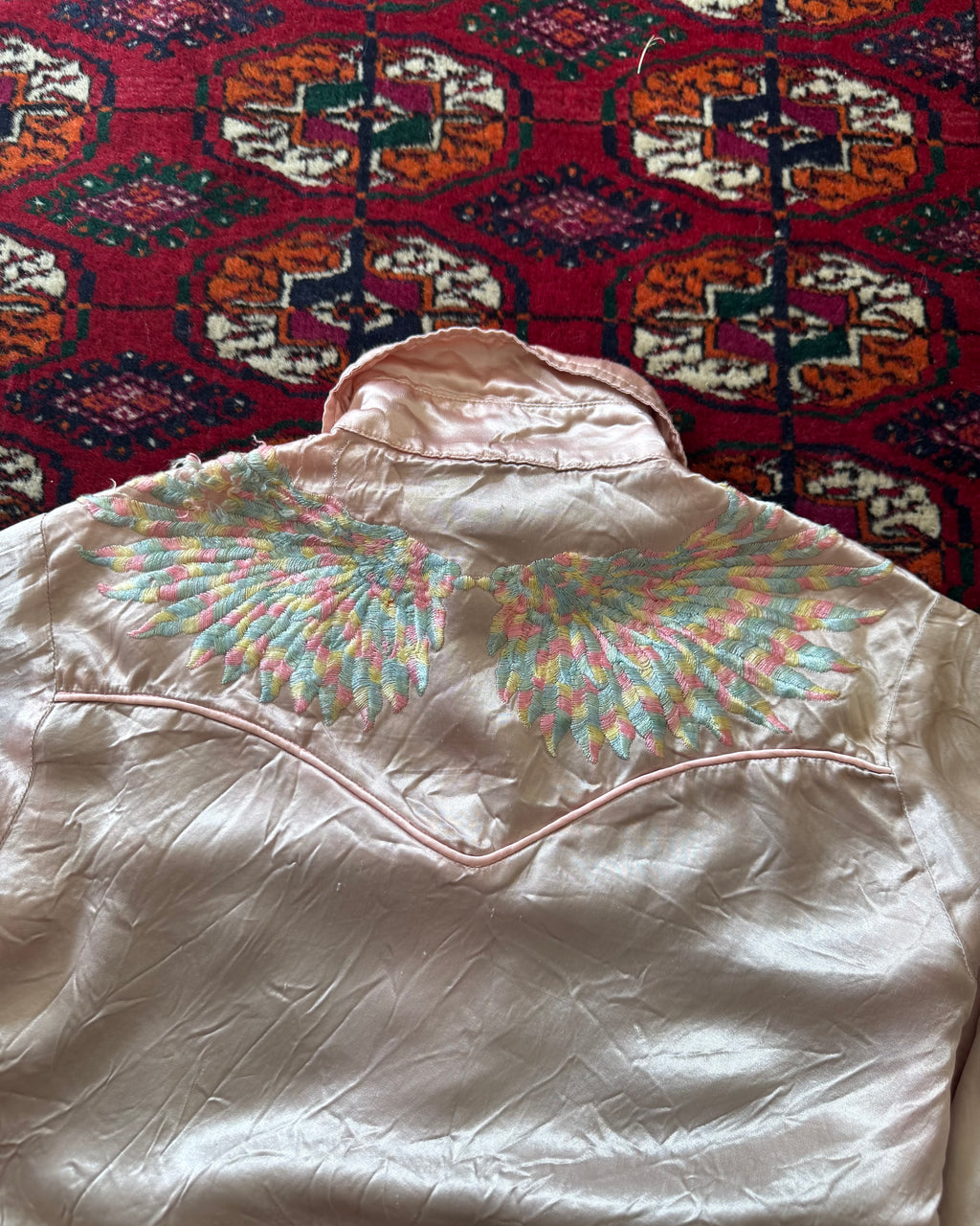 1960s satin rainbow embroidered wings western pearl snap