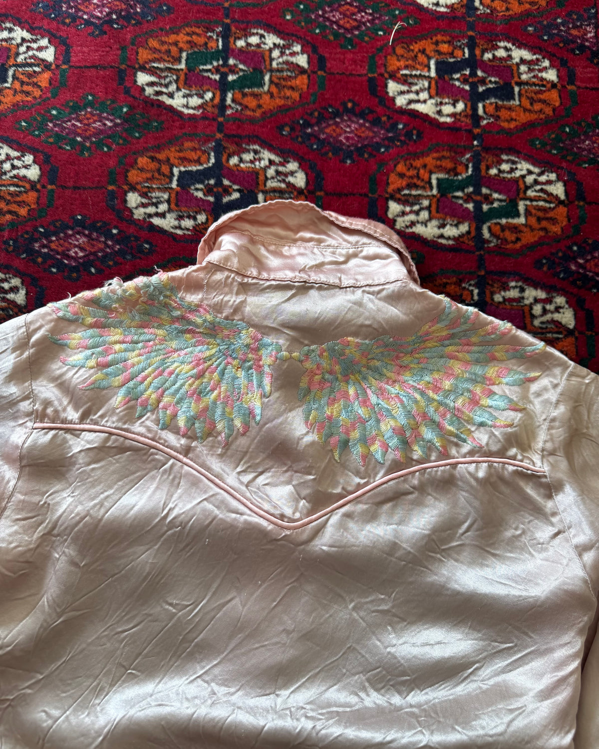 1960s satin rainbow embroidered wings western pearl snap
