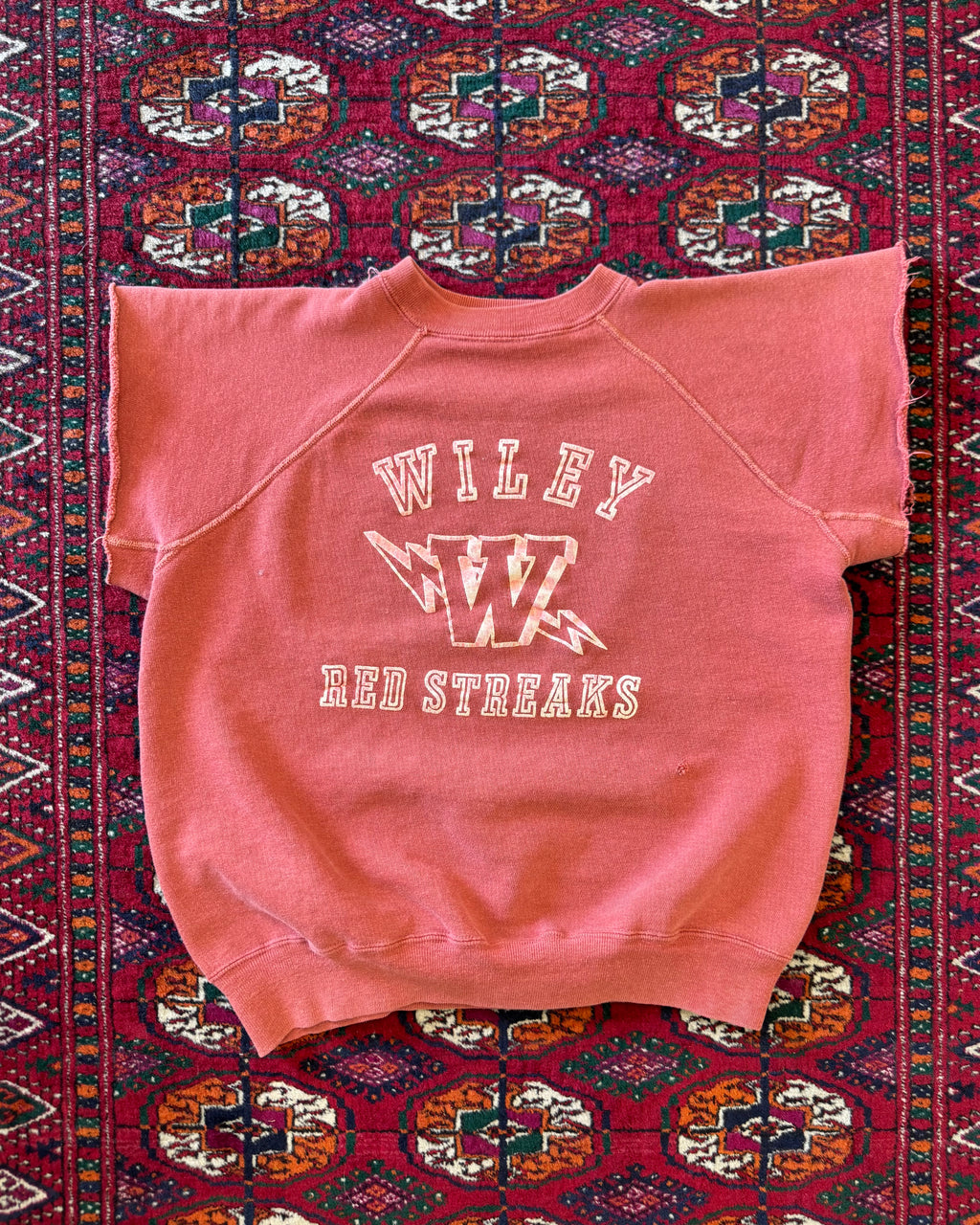1960s faded red, flock print “Wiley red streaks” cut sweatshirt