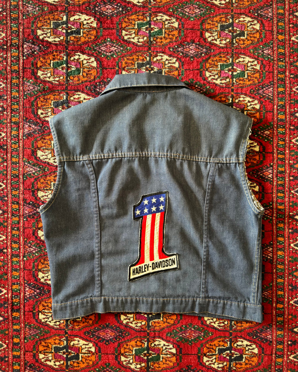 Vintage 1970s riveted ranch craft JCPenney denim vest with Harley patches￼