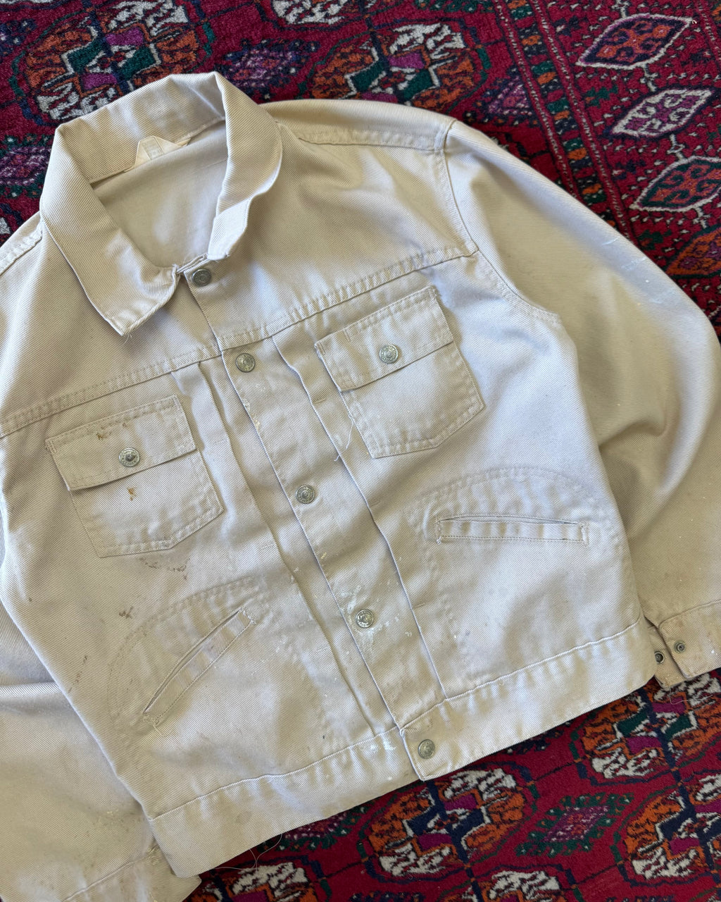 Vintage ranch craft 1970s paint splatter, beige, jean jacket ￼