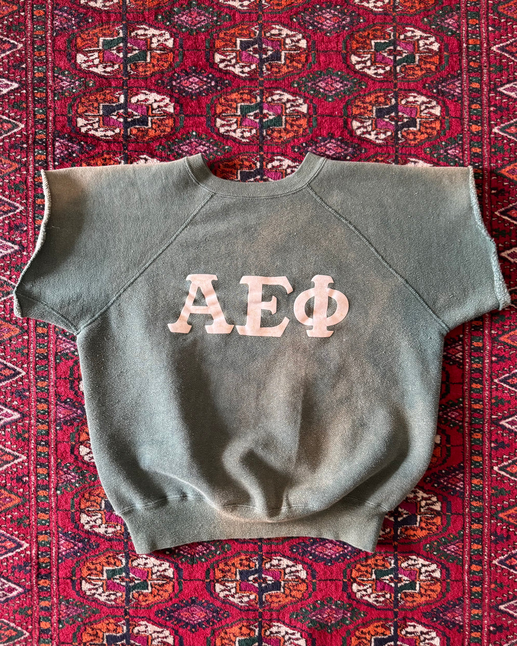 Vintage faded green 1970s/60s cut flock print fraternity sweat ￼