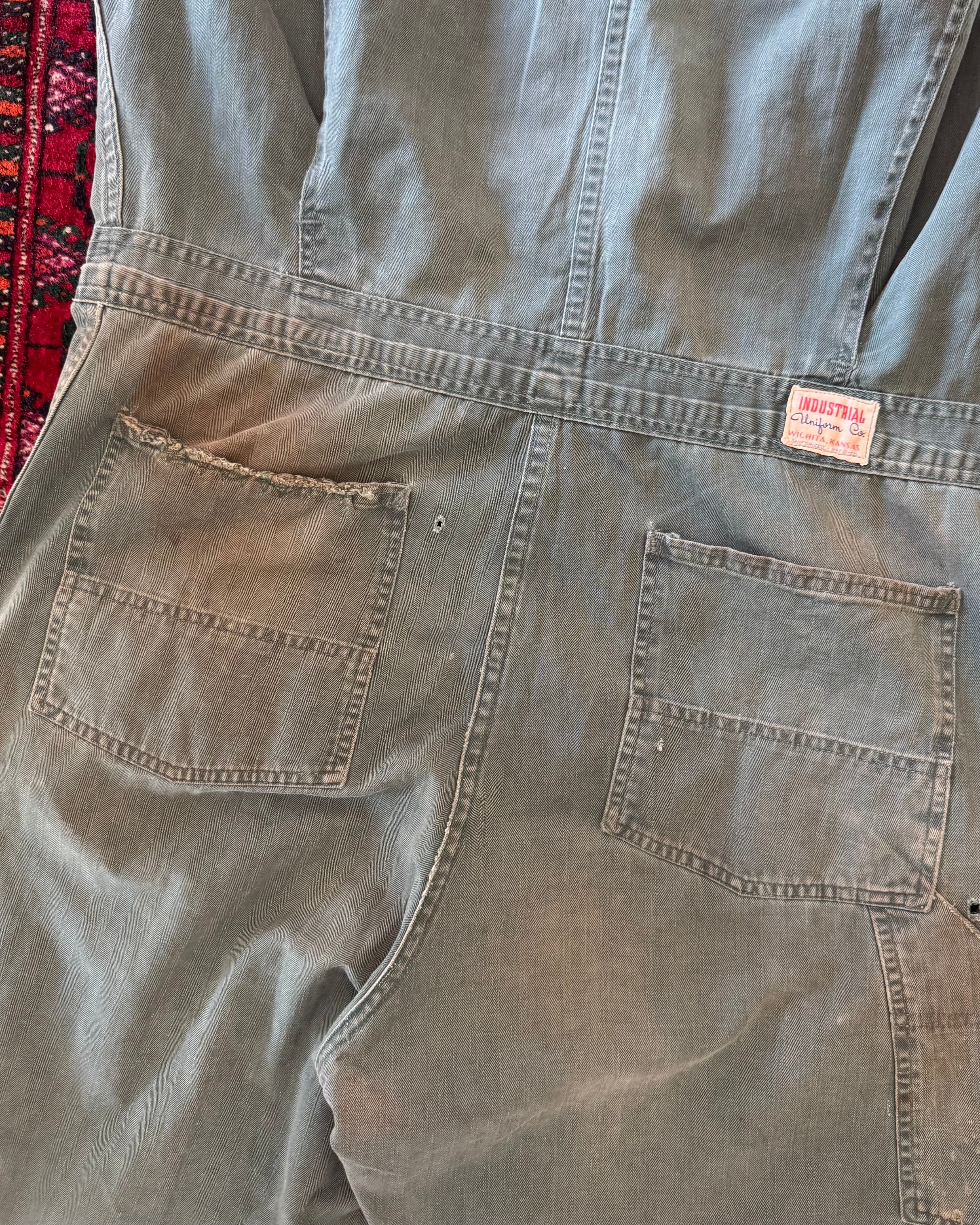 1950s union made green herringbone repaired and distressed coveralls, donut button ￼