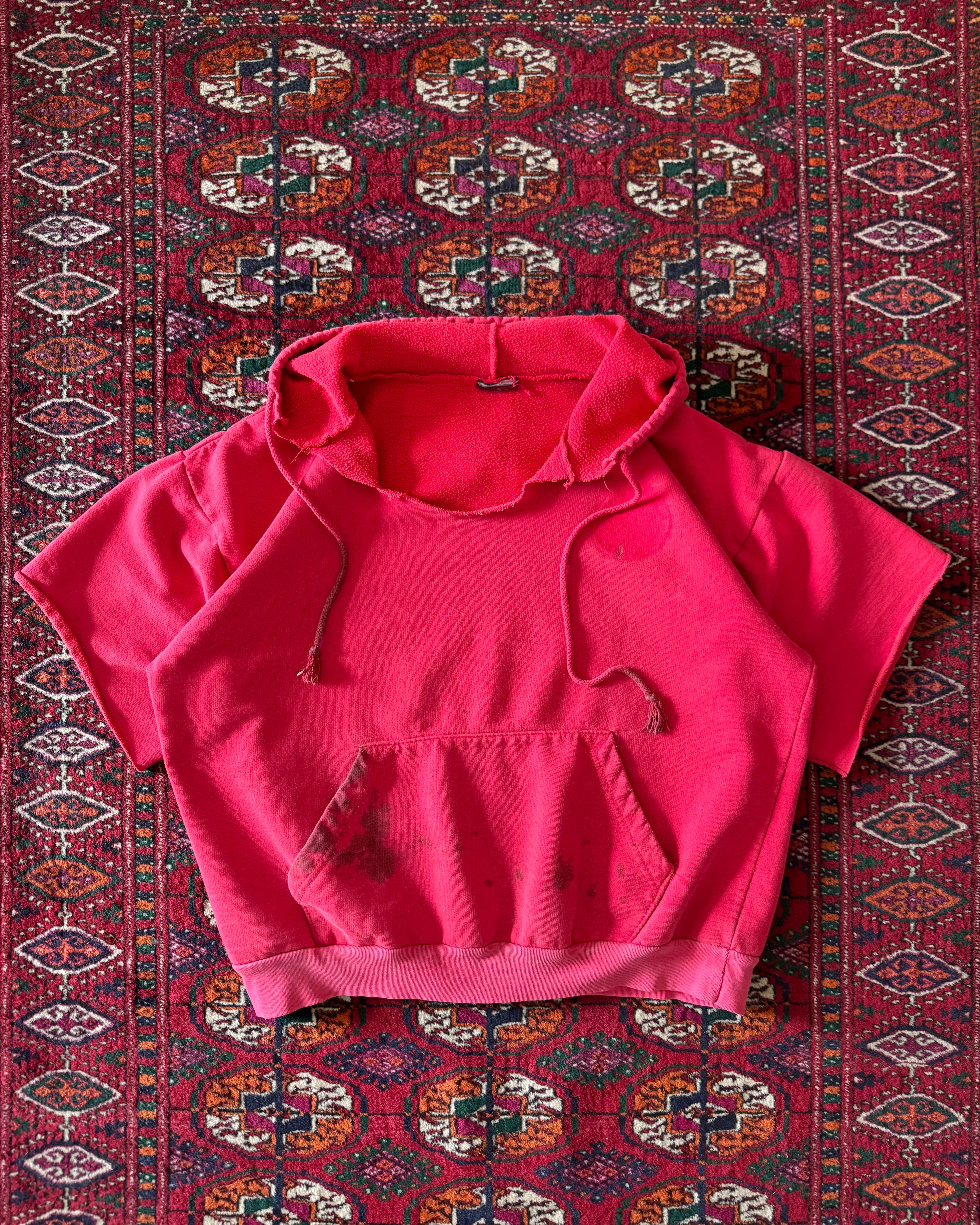 Vintage 1980s faded distressed, red boxy cut off hoodie ￼