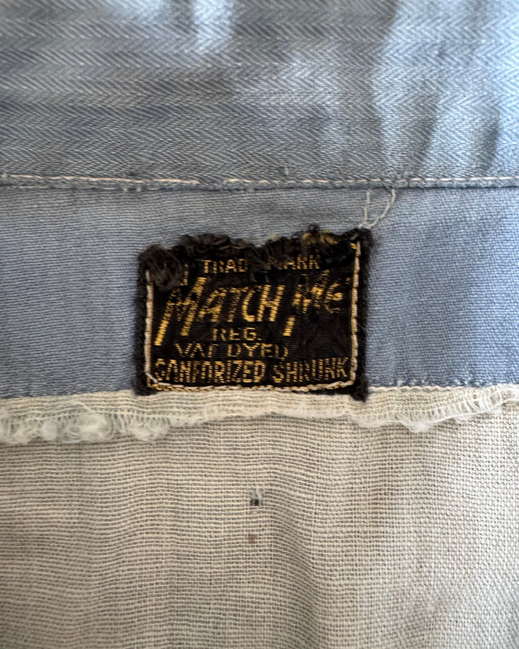 1940s “Match Me” van-dyed Sanforized, heavily distressed and repaired, work shirt ￼